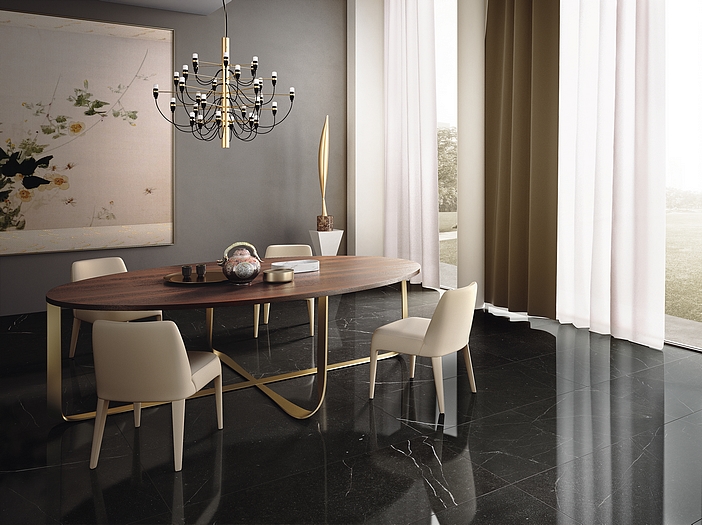 Dining area with black marble flooring