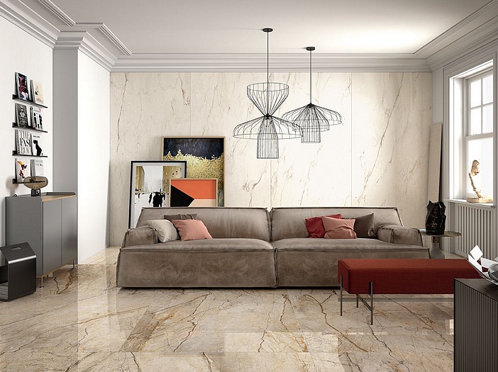 Modern living room with beautiful marble-tiled walls