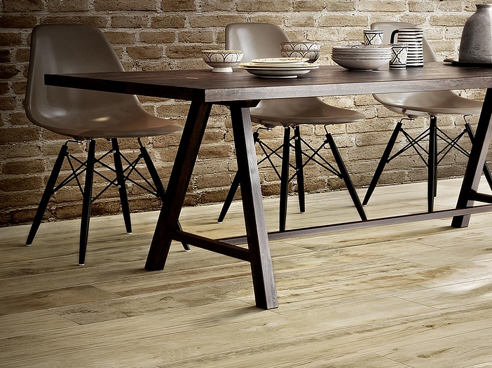 Beautiful wood tiles in dining area