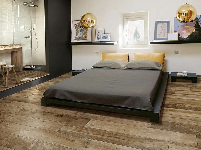 Beautiful wood tiles in bedroom
