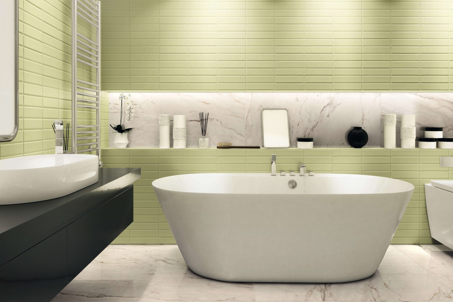 A lime-green bathroom with a modern tub
